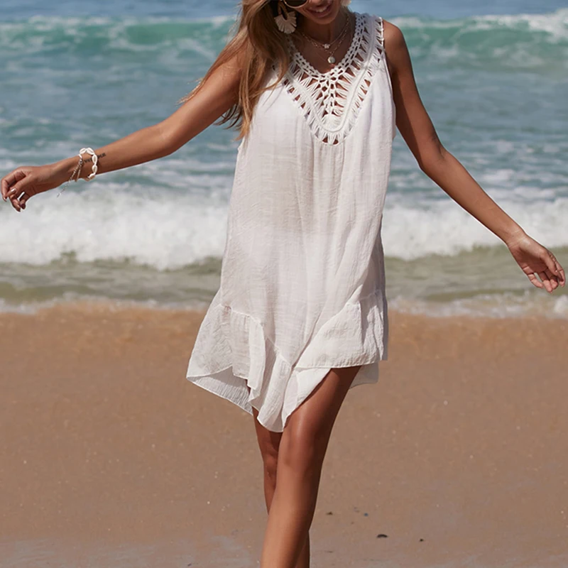 Women V-Neck Backless Hollow Out Short Dress Crochet Splicing Wooden Ear Dress With Colored Balls Beach Swimsuit Cover Up