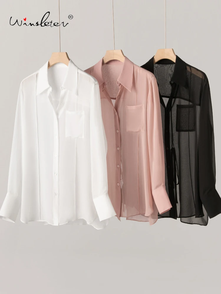 

Winsleter-100%Real Silk Elegant Shirt, Turn-down Collar Solid, Women Commute Sunscreen Loose Blouse, 2025 Autumn New T59434CC