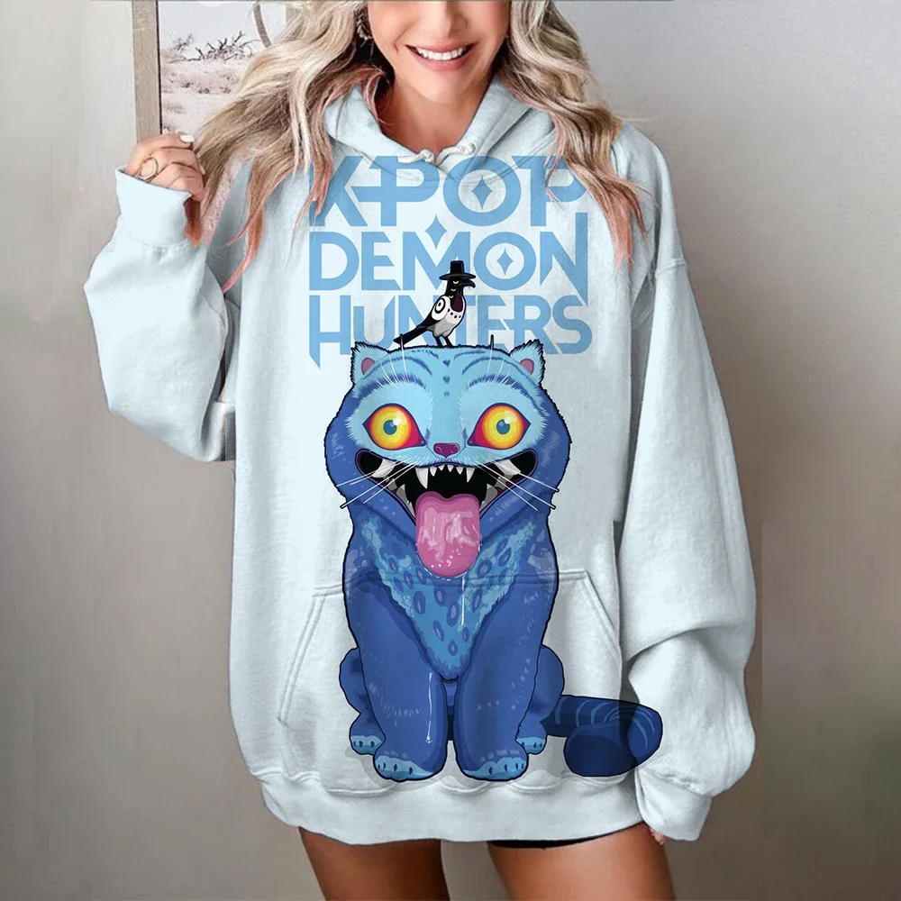 Sweat-shirt décontracté pour femmes, imprimé Kawaii KPop Demon Hunters, pull confortable surdimensionné, vêtements féminins doux d'automne