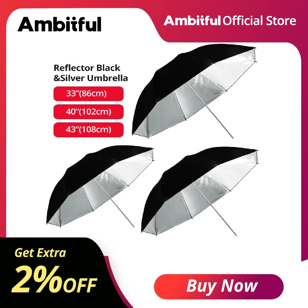 Parapluie Réflecteur Ambitful 33'' (86 cm) 40'' (102 cm) 43'' (108 cm) Noir Argenté Réfléchissant pour Éclairage Flash Stroboscopique de Studio Photo