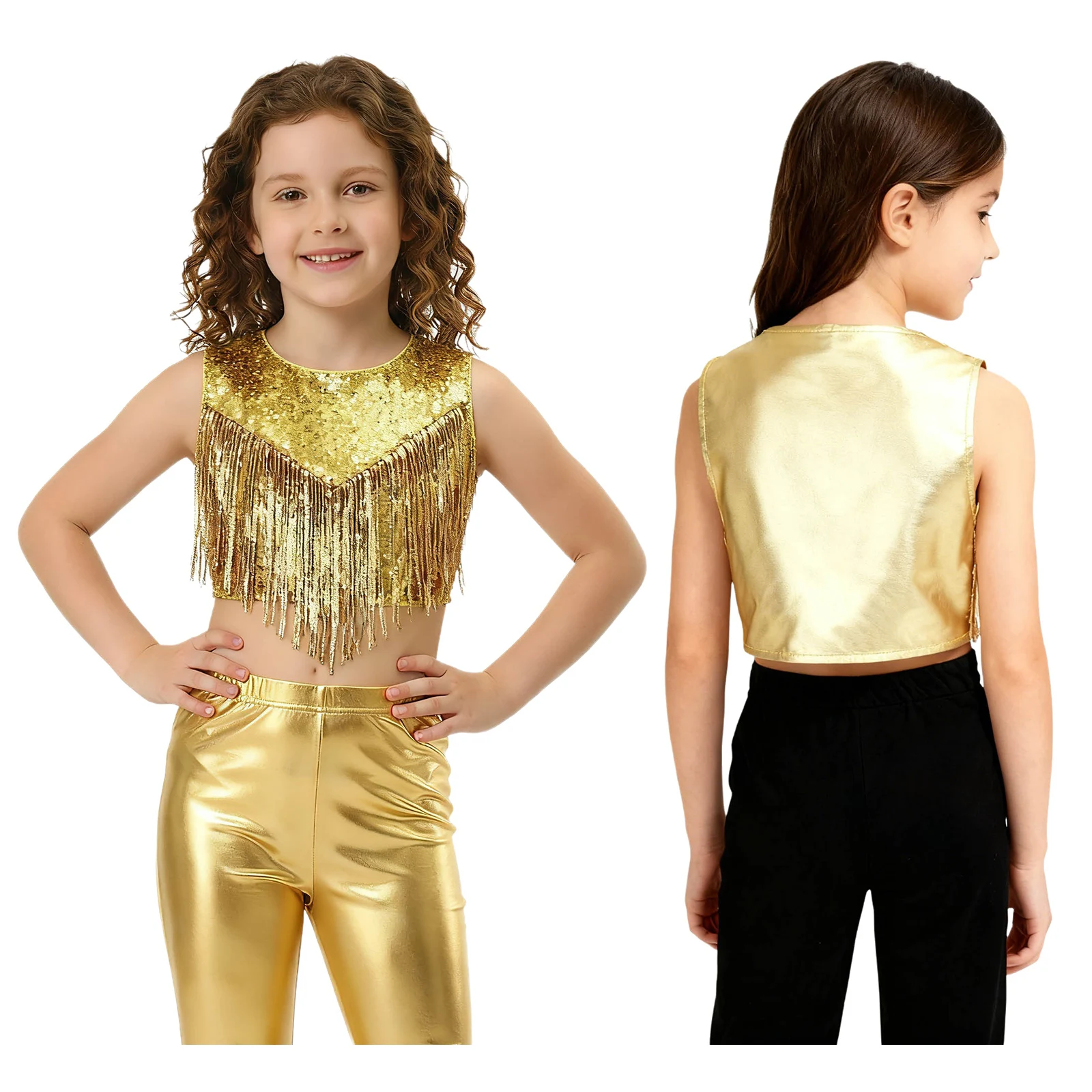 

Kids Girls Jazz Street Dance Costumes Metallic Gloss Shiny Sequins Chest Sequins Tassels Decoration Vest Tops Party Clubwear