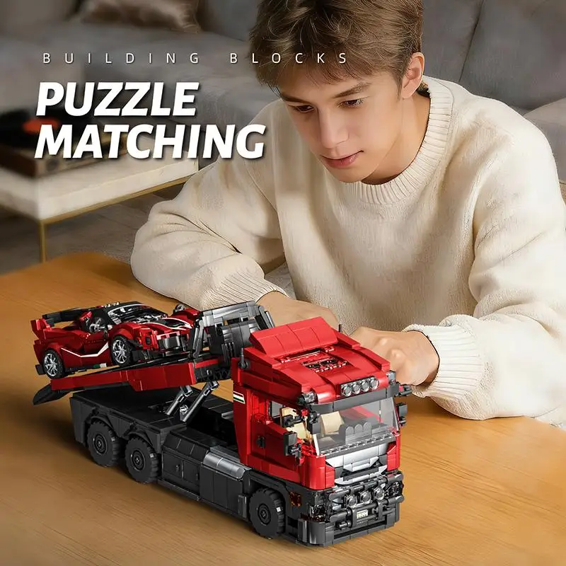 

Luxury Supercar & Tractor-Trailer 2-in-1 Building Set, 8-Scale Detailed Model with Movable Parts & Full Interior, for Adult