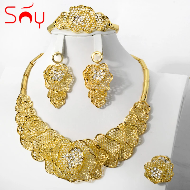 Sunny Bridal Jewelry Sets Dubai Luxury Gold Plated Zircon Earrings Necklace Bracelet Ring Wedding Dress Accessorie Romantic Gift