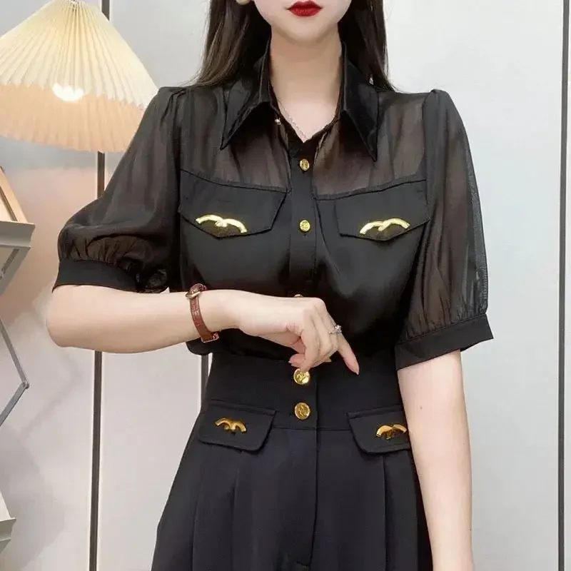 

Female Clothing Chic Single-breasted Shirt Commute Solid Color Patchwork Casual Turn-down Collar 2025 Summer Half Sleeve Blouse