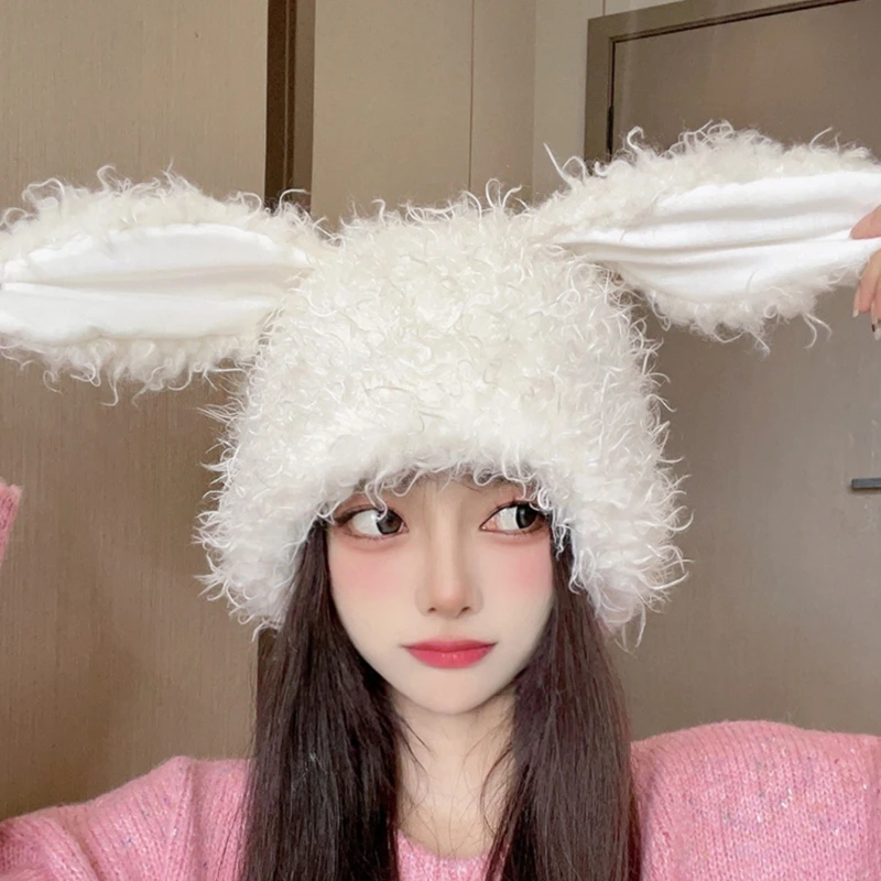 

Imitation Lamb Wool Rabbit Ear Hat Women Girls Winter Soft Warm Plush Thicken Beanie Cap Outdoor Windproof Skiing Cycling Hat