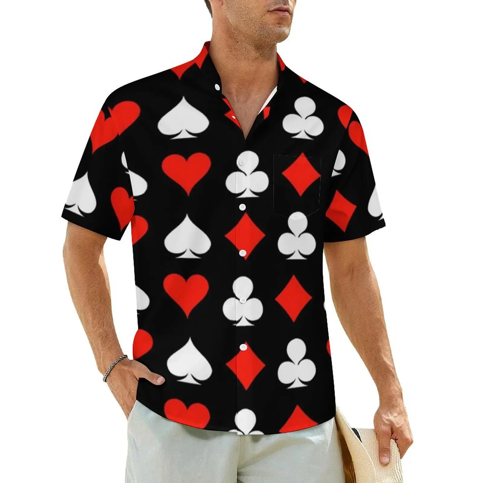 

Red Heart Print Beach Shirt Poker Symbol Summer Casual Shirts Man Novelty Blouses Short Sleeve Streetwear Design Clothing