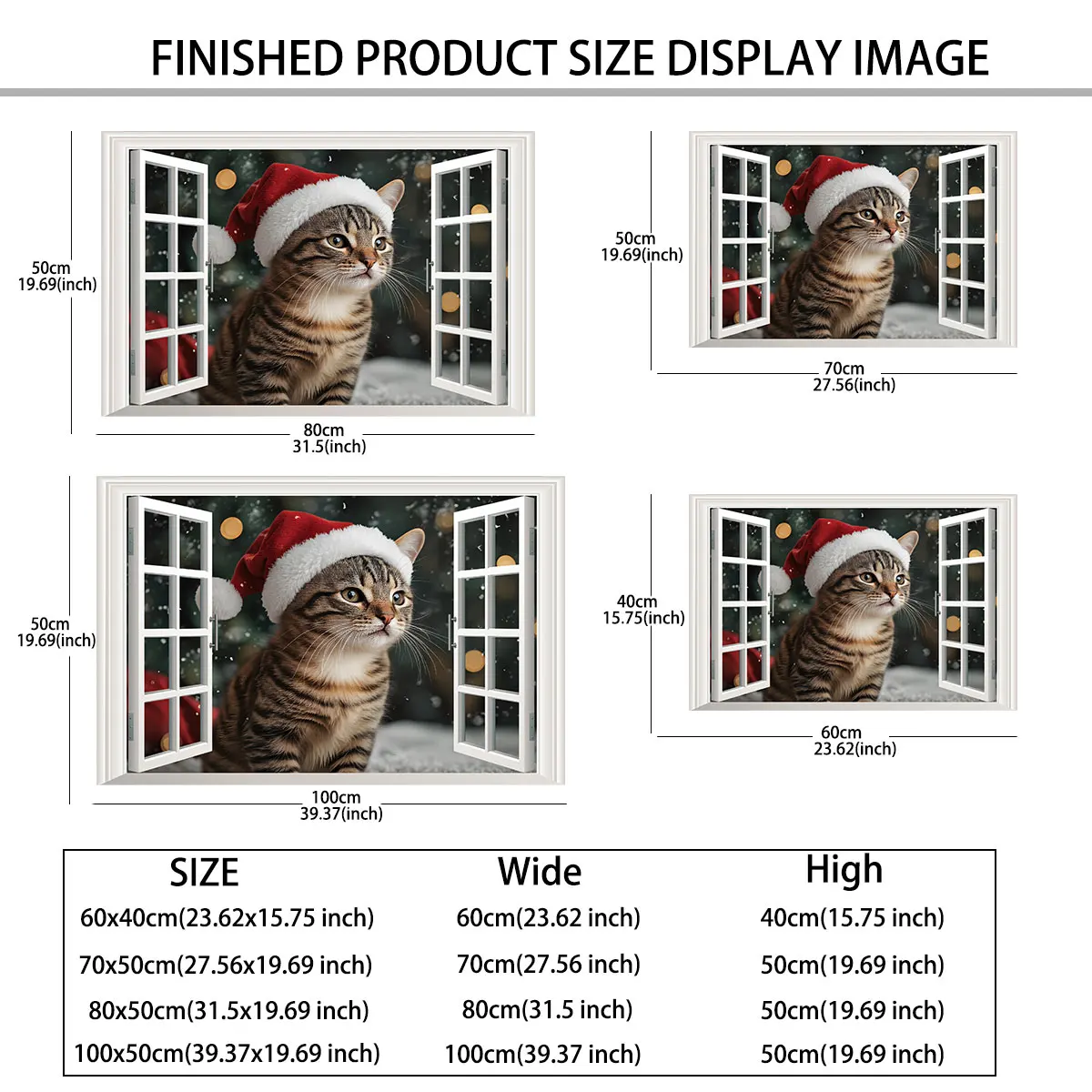 1pc simulated window wall sticker featuring a tabby cat wearing a Christmas hat waterproof and concealing flaws