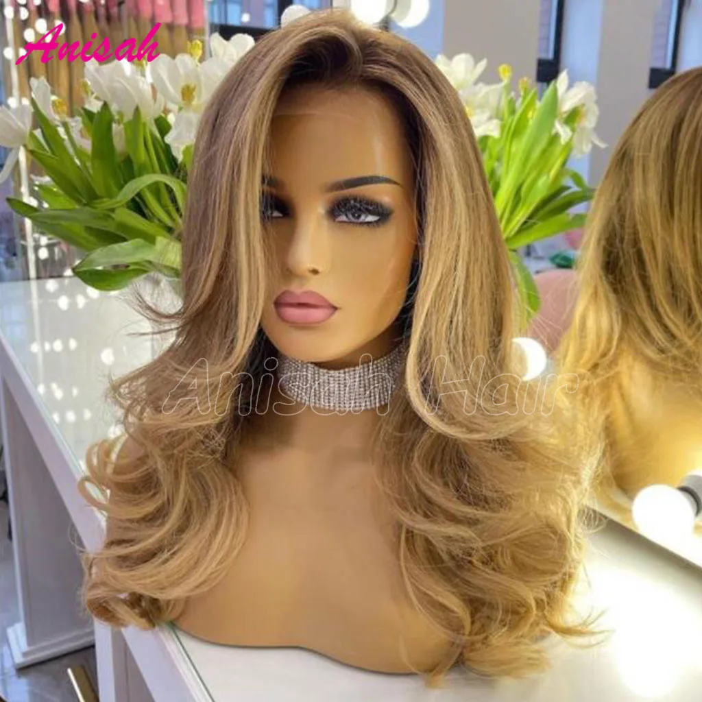 Brazilian HD Transparent Lace Frontal Wig Pre Plucked Ombre Honey Blonde Colored Lace Closure Human Hair Wigs Natural Hairline