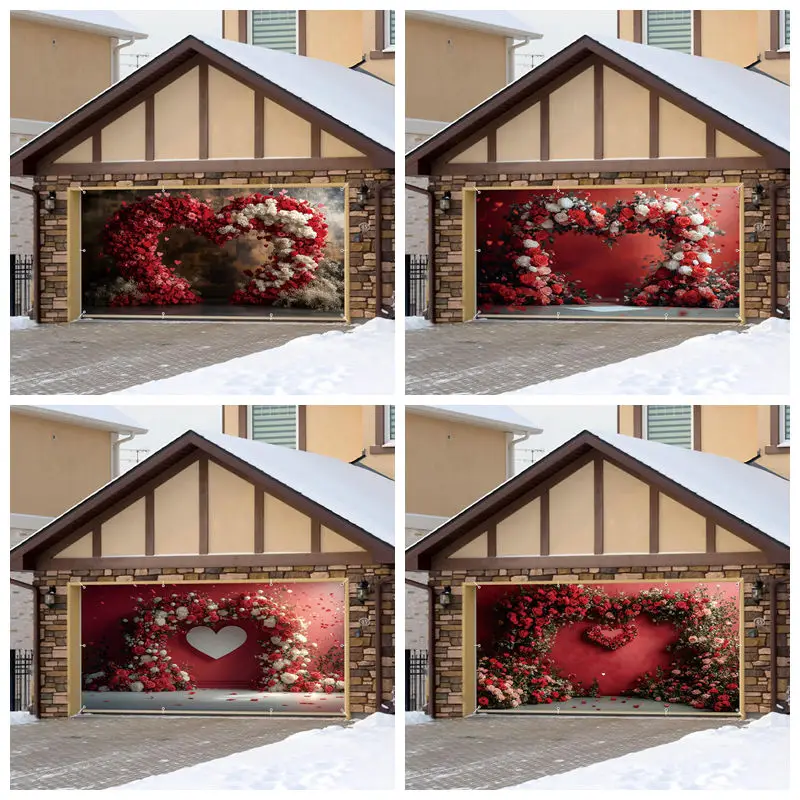 Feburaury 14th Valentine's Day Garage Door Backdrop Red Wall Rose Romantic Wedding Party Garage Door Outdoor Courtyard Decor