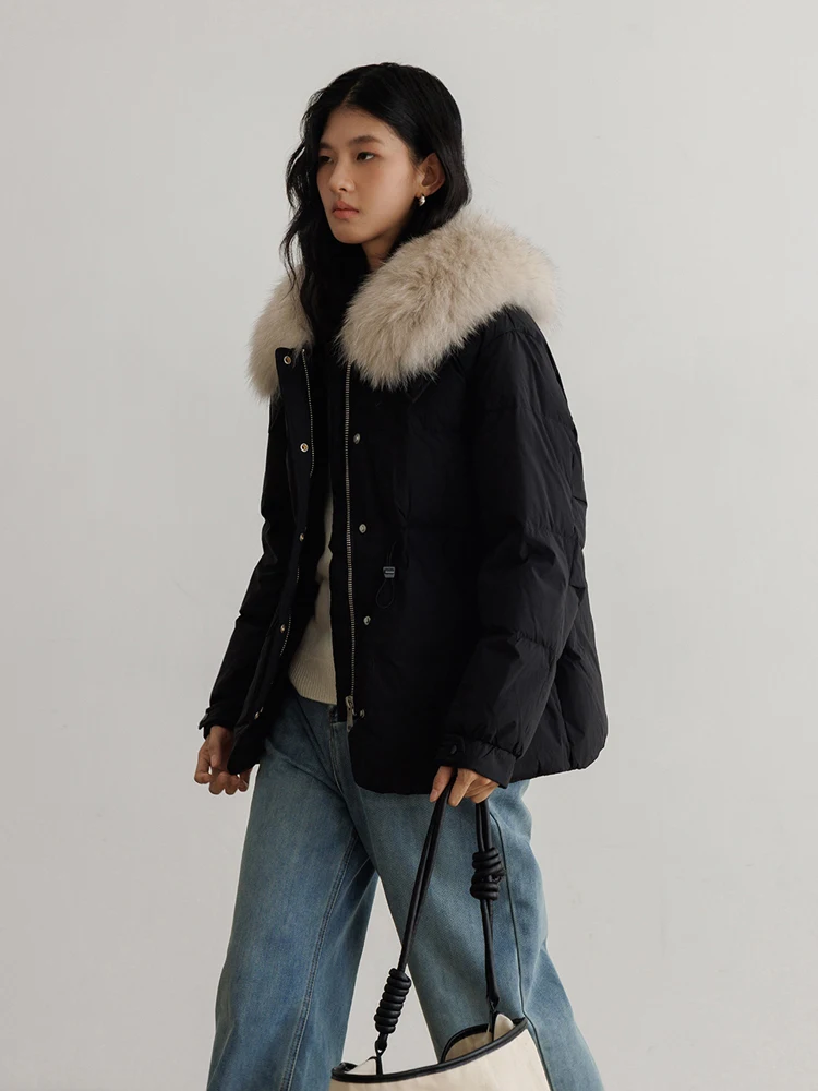 Chaqueta de plumón con cuello de piel auténtica de lujo para mujer, moda de invierno 2026, abrigo acolchado corto con cintura ajustable, prendas de vestir holgadas INKEO DJ631