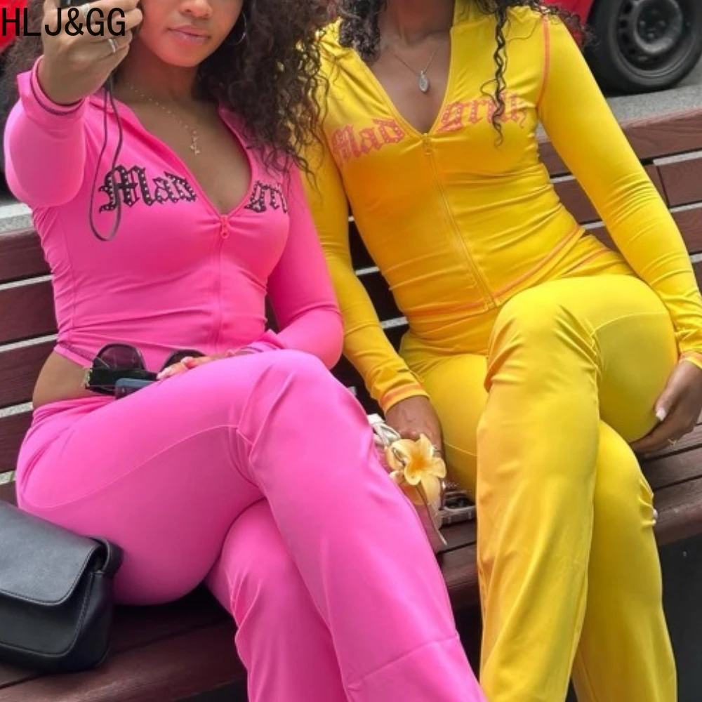 

HLJ&GG Y2K Fashion Letter Print Hooded Two Piece Sets Women Zipper Long Sleeve Slim Crop Top And Pants Outfits 2pcs Streetwear