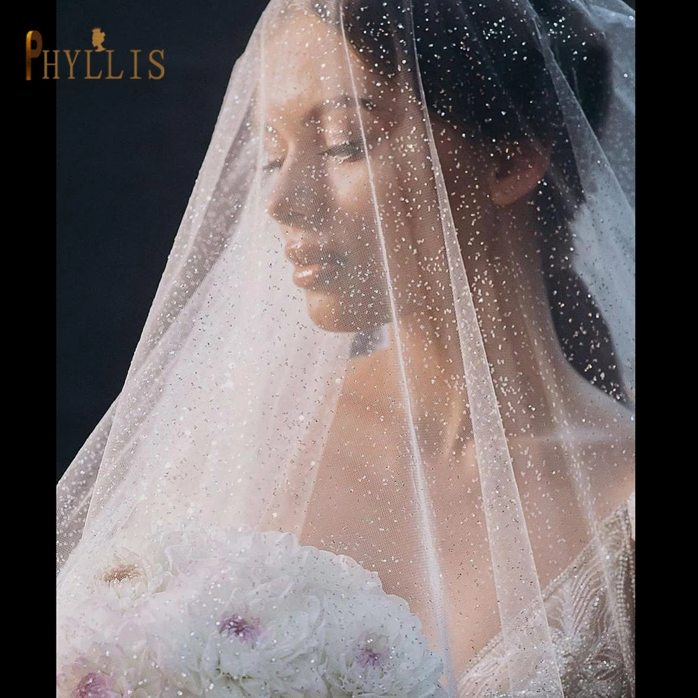 B65 Wedding Glitter Veil Champagne Veils One Tier Bling Bling Tulle Cathedral Bridal Face Veil Without Comb Wedding Accessories