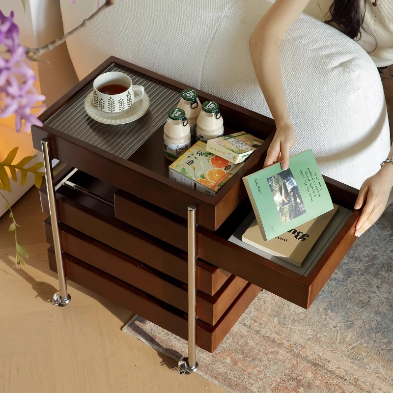 Home Solid Wood Movable Cart Bedside Multi Layer Drawer Storage Cabinet Coffee Tables Desk Computer Desks Side Table Trolley
