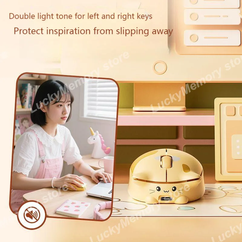 Cute Cat Wireless Mouse Bluetooth&2.4G Dual Mode Silent Rechargeable with Plush Simulated Cat Fur Cover Shell Perfect Girls Gift