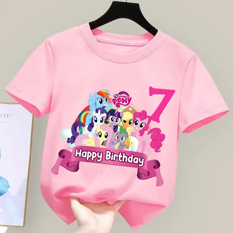 

New My Little Ponys T-shirt Girls Round Neck Cotton Fashion Clothes Kawaii Anime Figure Tops Kids Summer Pink Tee Birthday Gift