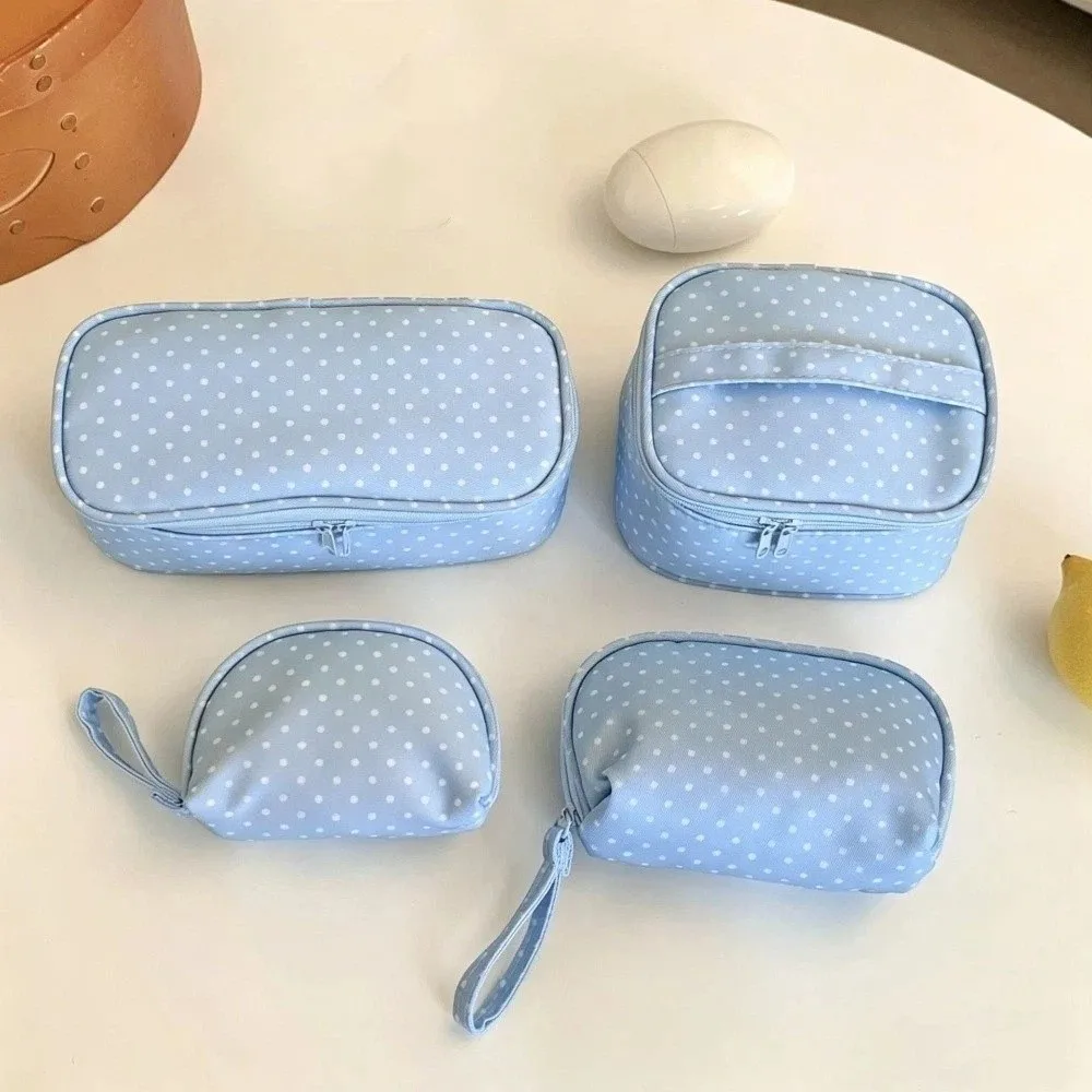 Cute Polyester Polka Dot Makeup Bag Checkered Light Blue Cosmetic Pouch Multi Size Zipper Wash Bag Portable