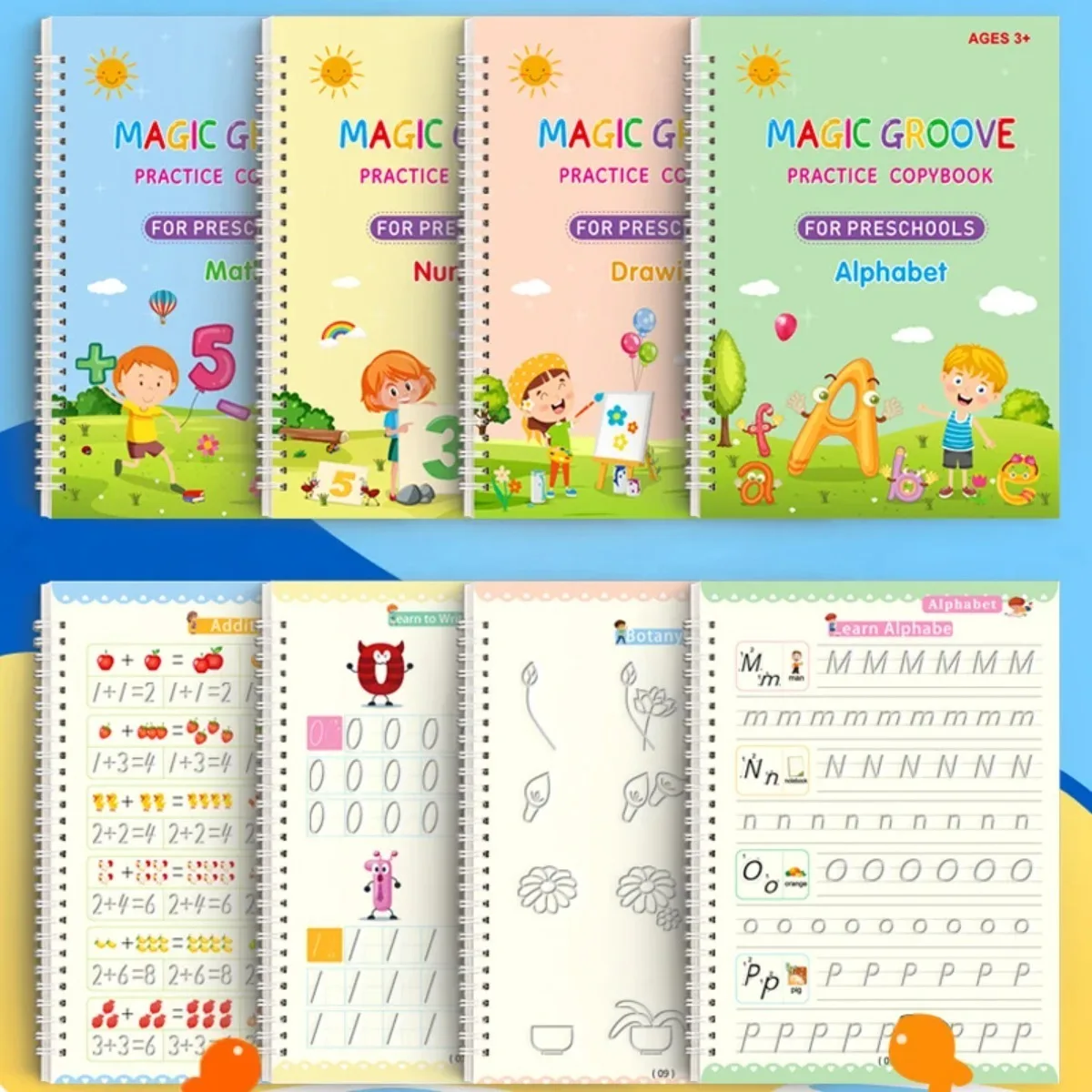 4Pcs Magic Groove Practice Copybook Reusable Writing Book Uses For Preschool English Calligraphy Free Wiping Learning