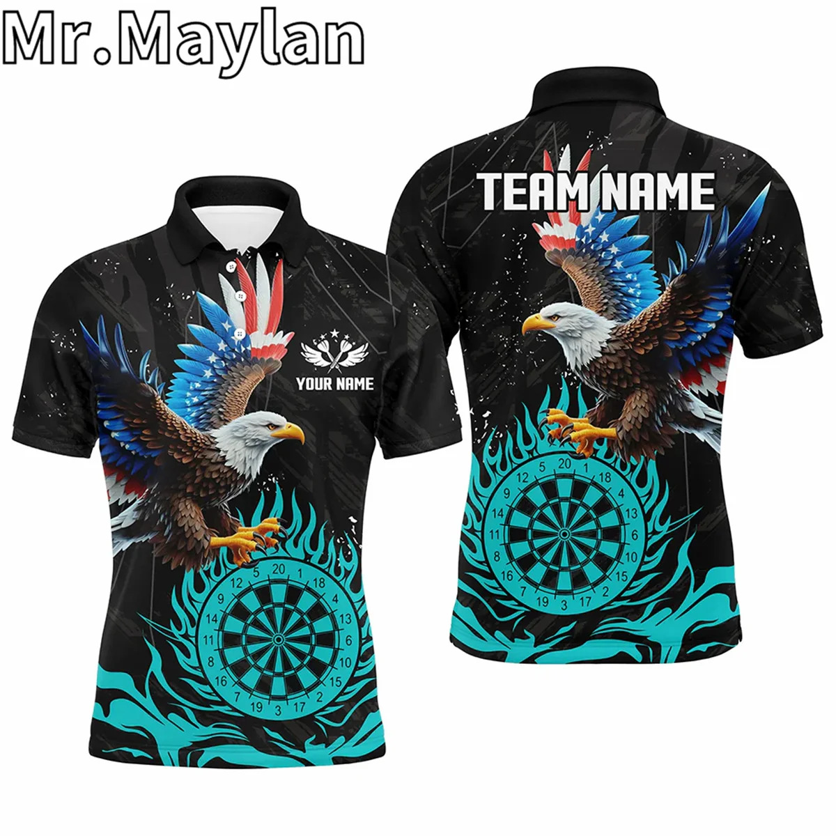 Gepersonaliseerde 3d Adelaar Amerikaanse Vlag Patriottische Darts Poloshirts Voor Mannen Custom Rode Vlam Darts Truien Geschenken Voor Darts Liefhebbers