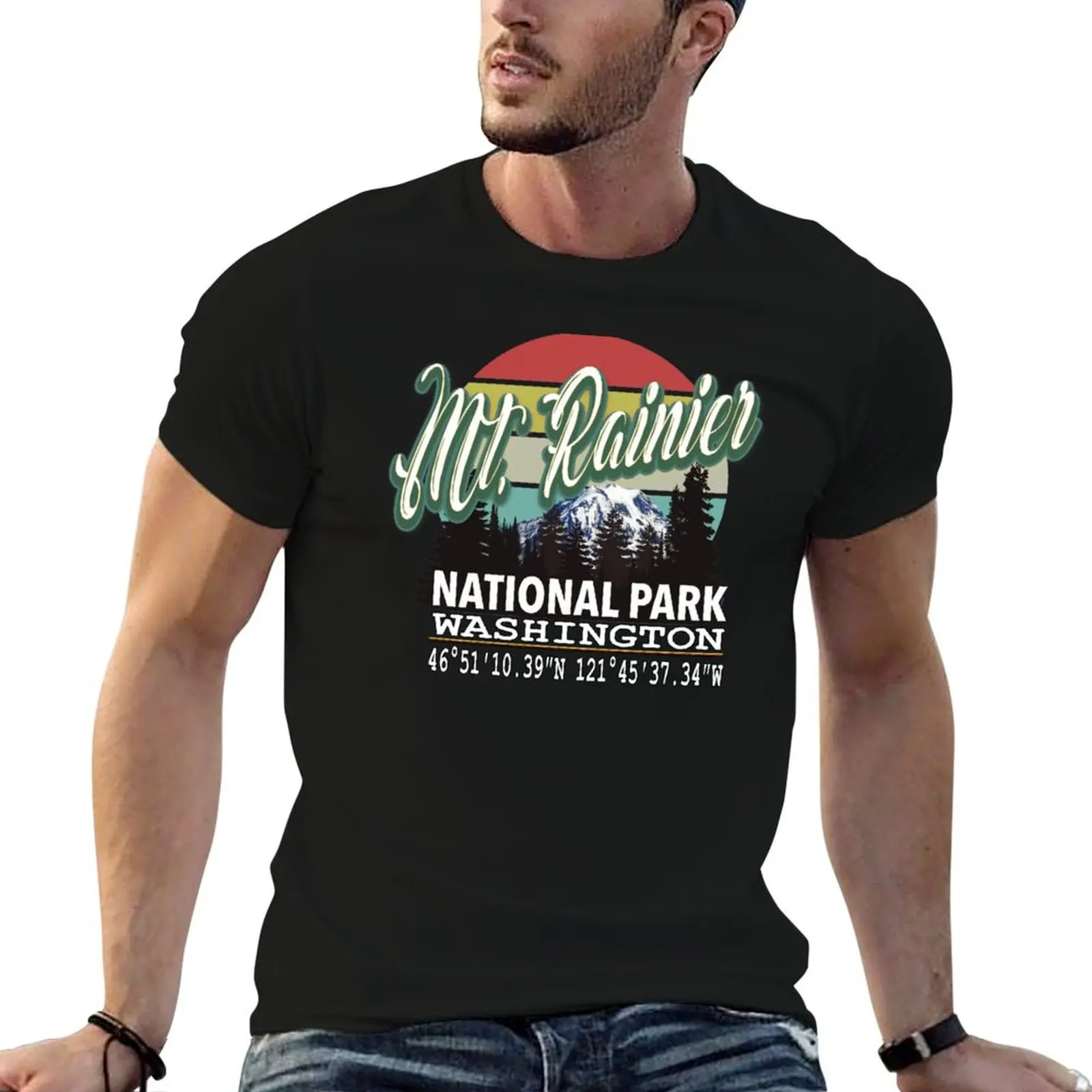 

Mount Rainier National Park with GPS Location T-Shirt cotton tshirt 100% man t shirt summer T-Shirt