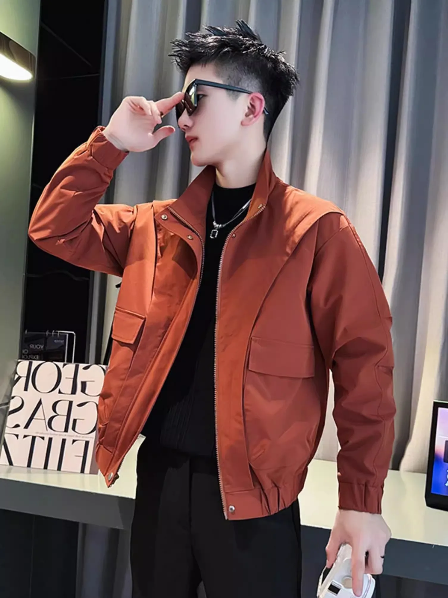 

Red Wine Color Casual Jaet for Men Spring Autumn Workwear High Collar Loose Fit Long Sve Regular Length Faionable New ...