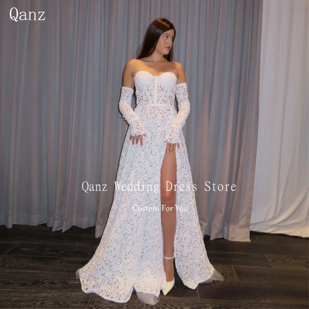 

Qanz Full Lace Wedding Party Dresses Women High Slit Removable Sleeves Bridal Gowns Corset Back Vestidos De Novia Customized