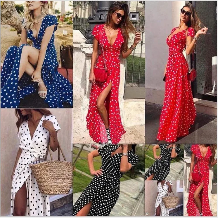 Damenkleid mit V-Ausschnitt, gepunktetem Muster, A-Linie, hoher Taille, ärmellos, Maxi-Sommerkleid, Wickelstil, kurzes Freizeitkleid