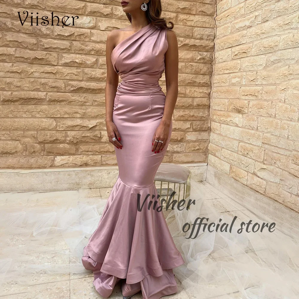 

Viisher Lilac Satin Mermaid Evening Dresses One Shoulder Floor Length Tight Formal Dress Dubai Arabic Evening Prom Gowns