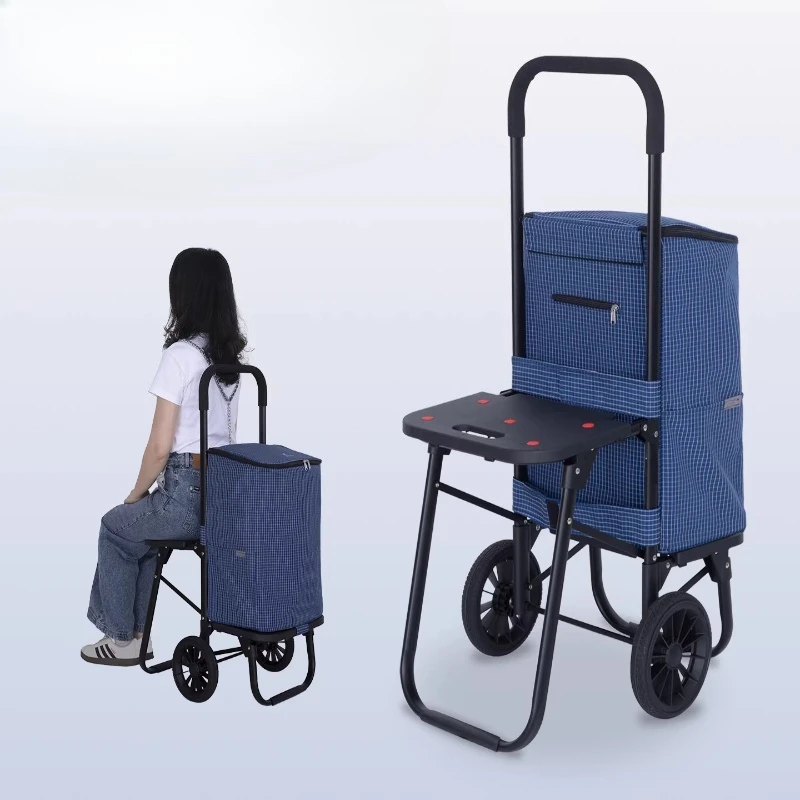 Elderly Folding Grocery Cart with Seat Lightweight Portable Shopping Trolley Push Pull Wagon Home Use Telescopic Handle Carrier