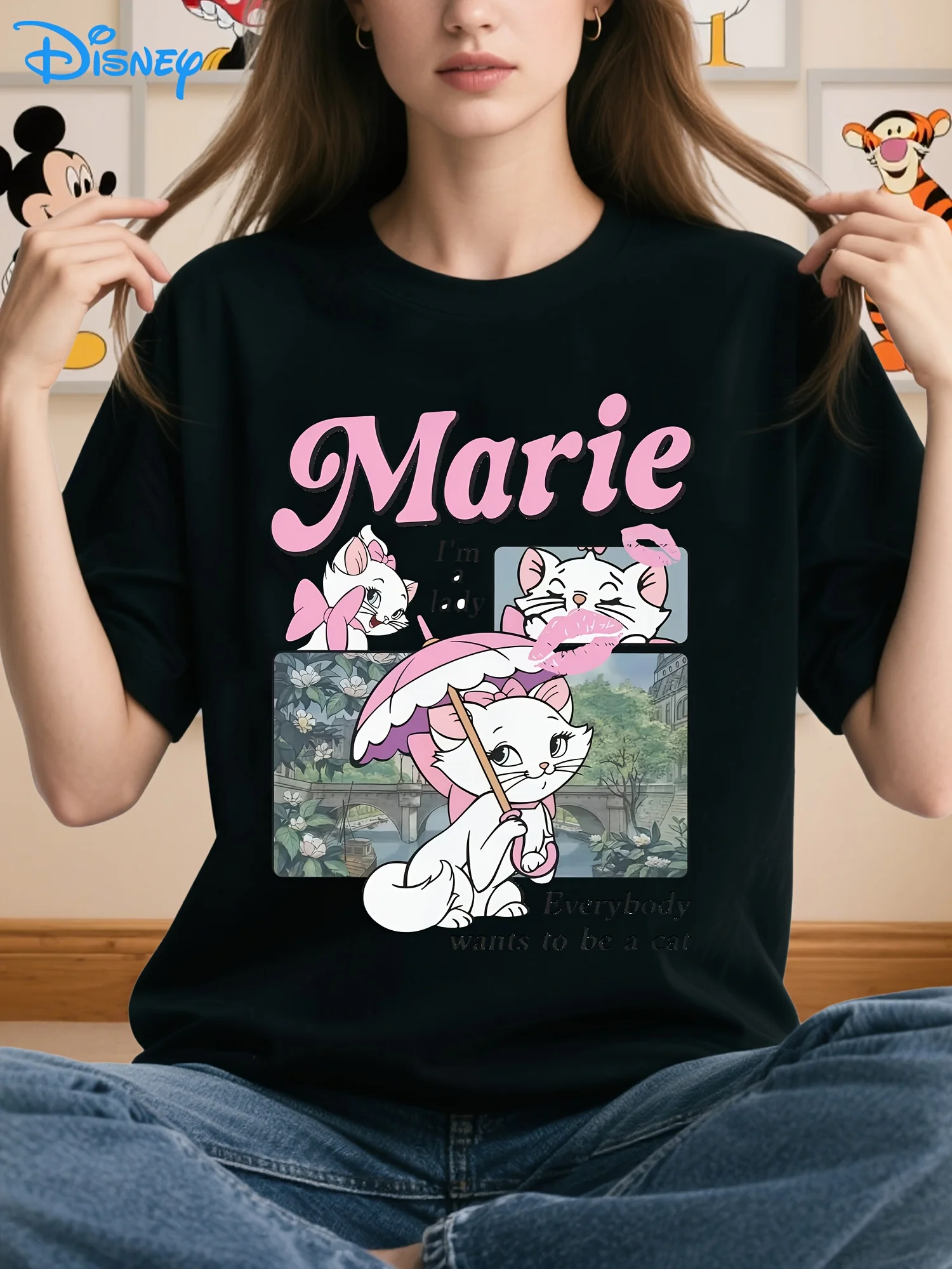 تي شيرت نسائي مقاس كبير من Marie The Elegant Cat - قميص صيفي كاجوال مستوحى من Aristocats كبير الحجم بأكمام قصيرة ورقبة دائرية