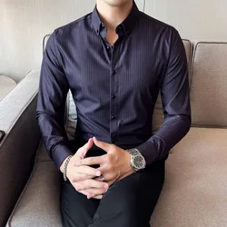 England Style Striped Button Long Sleeve O-Neck Cardigan Shirt Formal Casual Men's Clothing Spring Autumn Contrast Color Tops