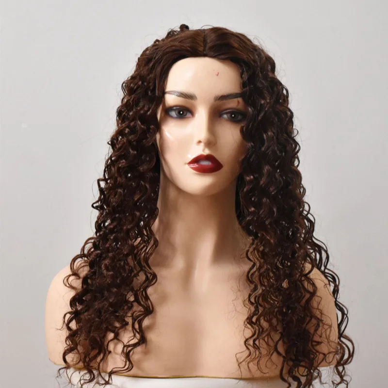 여성용 가발 중간 길이 곱슬머리 중앙 가르마 브라운 아프리칸 작은 컬 고온 실크 가발