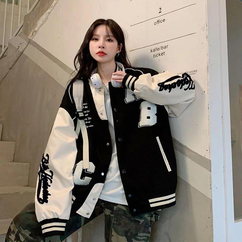 Oversize Retro Jacket Women American Streetwear Loose Long Sleeve Letter Patchwork Baseball Uniform Lady Winter Thick Warm Coat