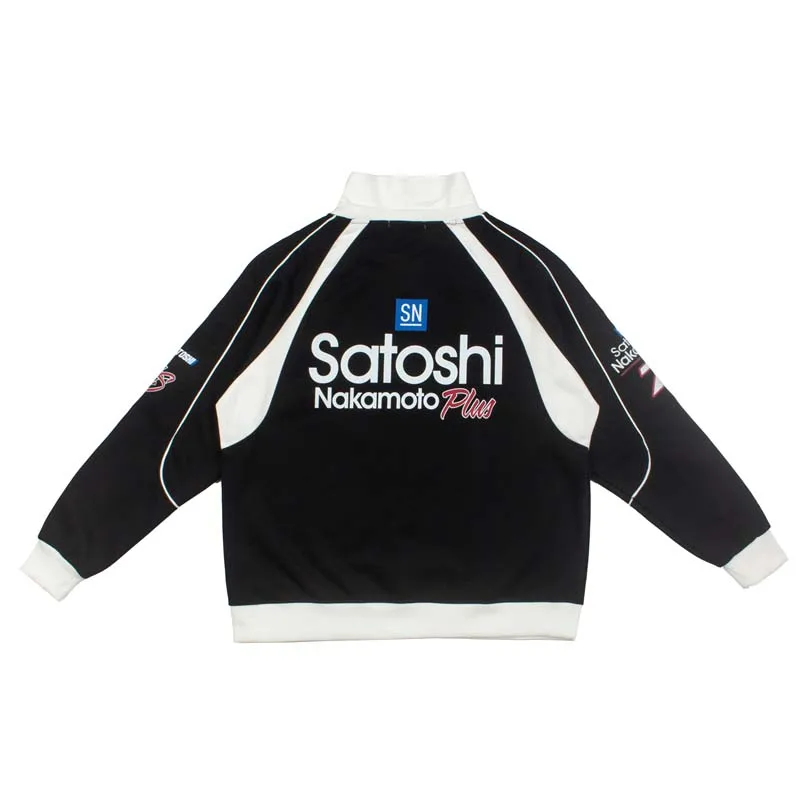 American High Street Black‑White Contrast Mock Neck Satoshi Nakamoto Pullover Racing Theme Badge Letter Print Long Sleeve Tops