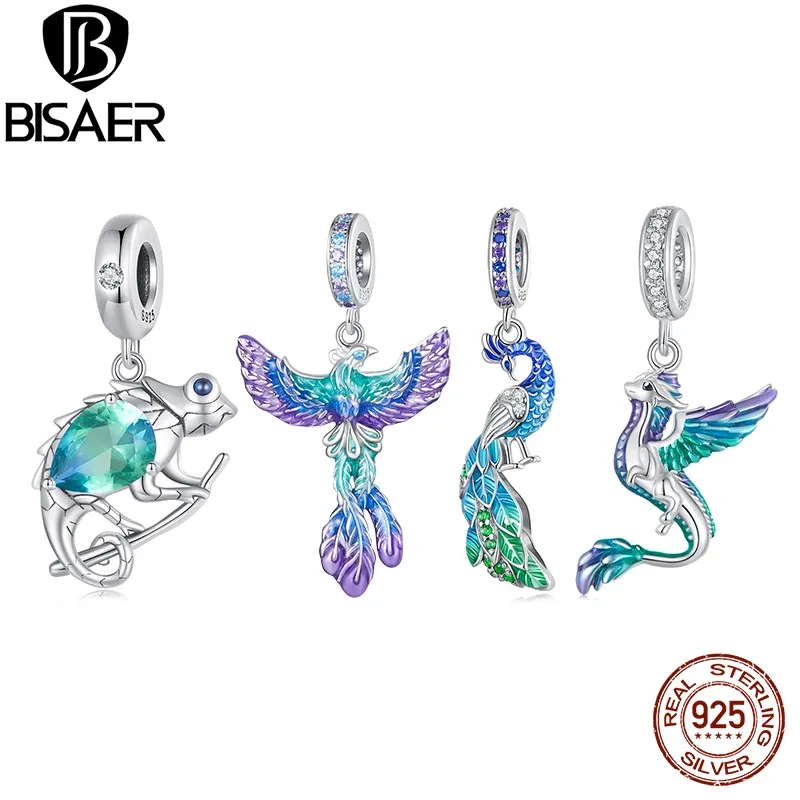 BISAER Real 925 Sterling Silver Phoenix Charm Bead Animal Pendant Gradient Enamel Process Fit Women DIY Bracelet Fine Jewelry