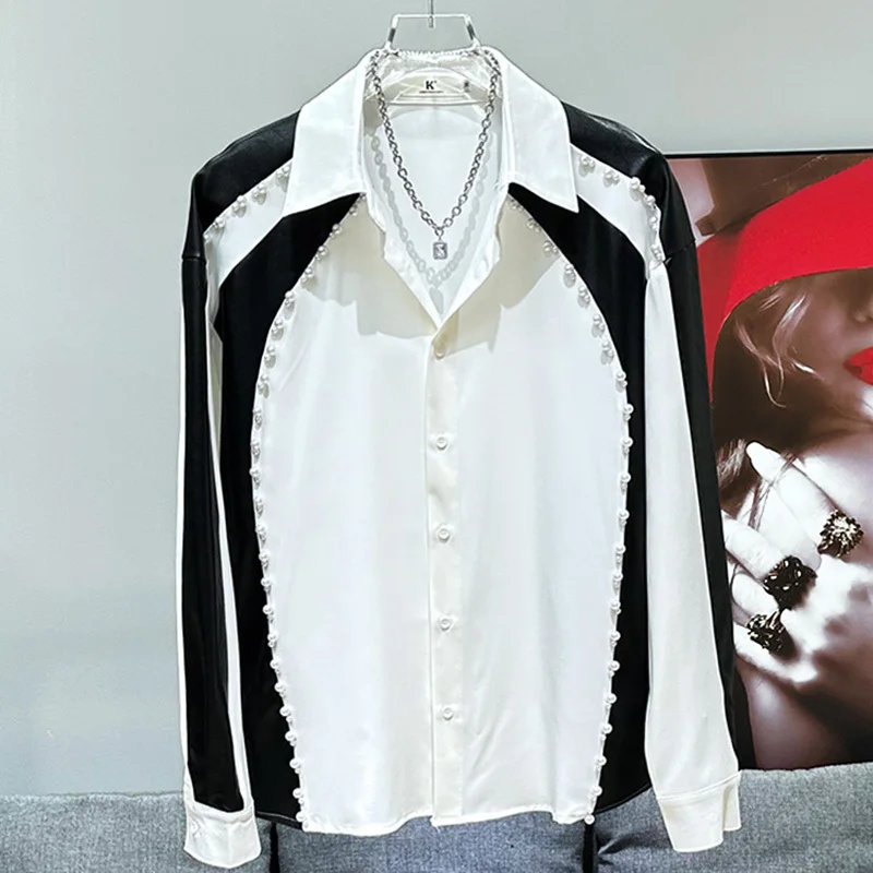 PFHQ Korean Trendy Contrasting PU Leather Patchwork Design New Pearl Decoration Casual Versatile Shirt 2024 Tops 21Z5412