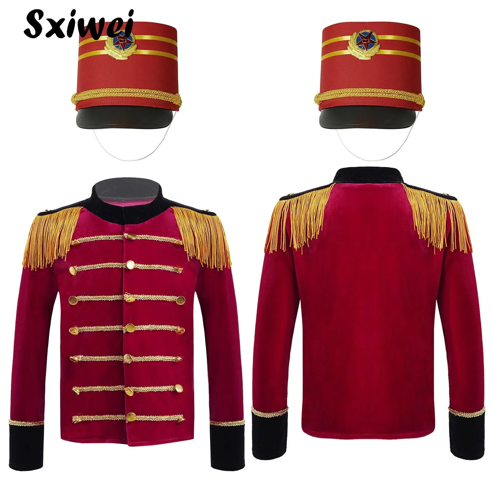Kids Drum Trumpet Major Team Uniform Costume Boys Girls Carnival Show Marching Band Tassel Long Sleeve Jacket Coat with Hat Set