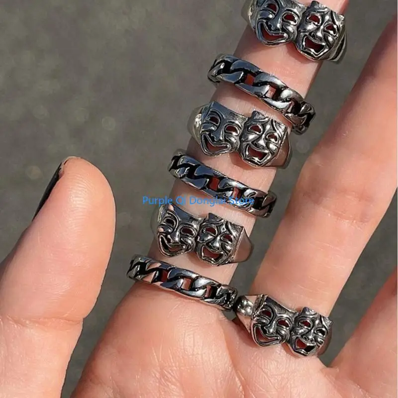 L21E Tragedy Comedy Theater Mask Ring Jewelry Fashion ​Stackable Finger Ring ​Bands view 3