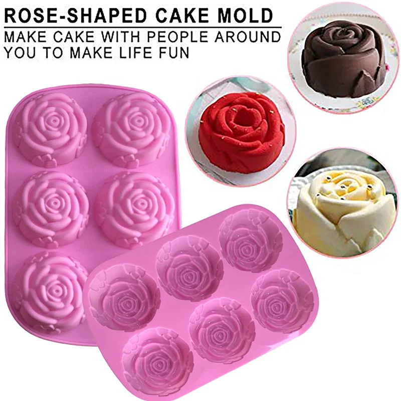 Rose Silicone Cake Tray Molds Rose Silicone Molds for Homemade Baking Ice Chocolate Pudding Cake Making, 6 Cavity Flower Design