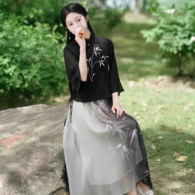 New Chinese Style Set Lliterary Artistic Retro Printed Chiffon Improved Tang Hanfu Cheongsam Top Skirt Elegant Outfits Z168