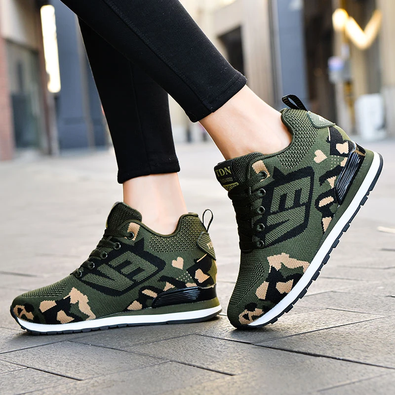 

New Women's Shoes Breathable Summer Thick Sole Sneakers Breathable Height Increasing Camouflage Lace Up Casual Single Shoe