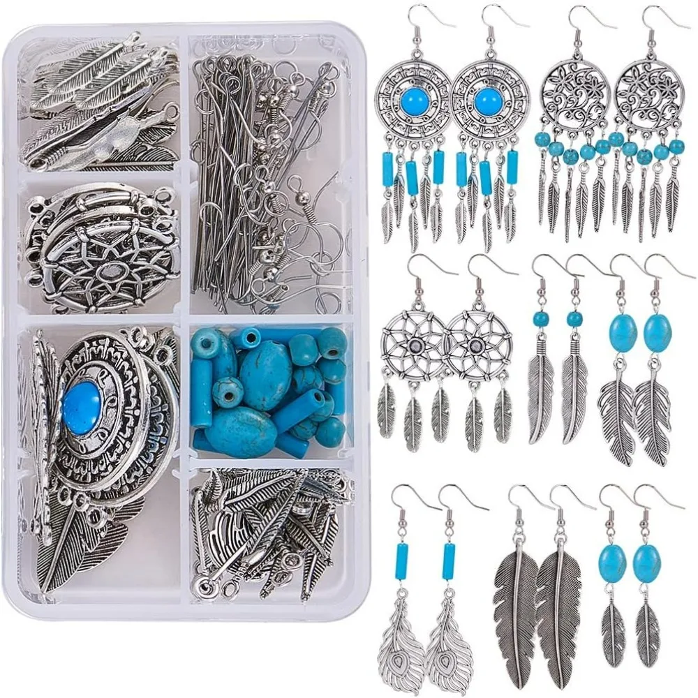 1 Box DIY 8 Pairs Bohemian Feather Dream Catcher Earring Making Starter Kit with Dream Catcher Feather Charm Connector