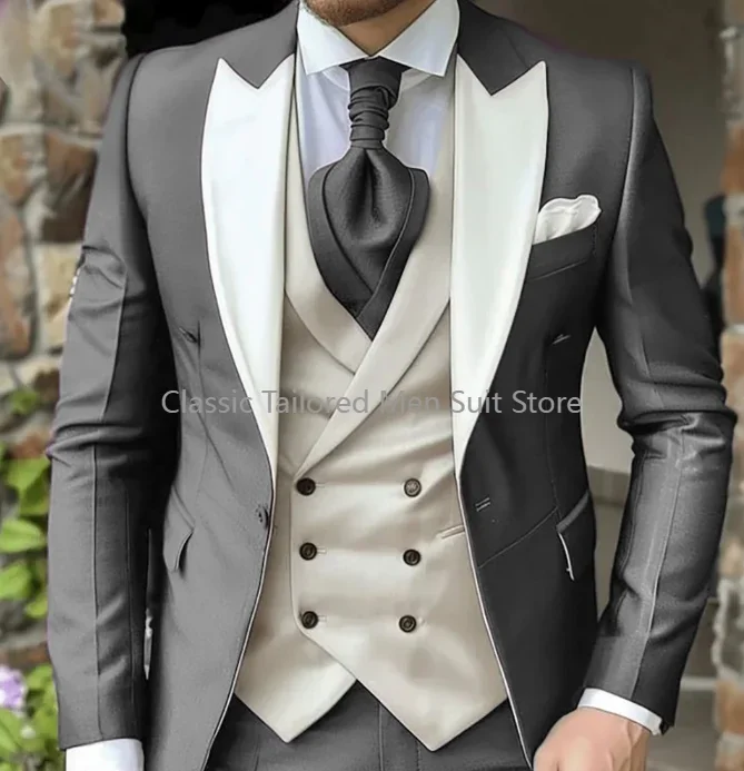 Elegante casamento 3 peça jaqueta calças colete conjunto completo de luxo único breasted pico lapela roxo roupas masculinas ternos blazer