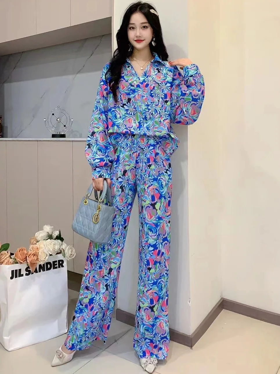 2024 New Spring Autumn Women Gorgeous Floral Pants Suit Long Sleeve Shirt And High Waist Wide Leg Long Pants Two Piece Set