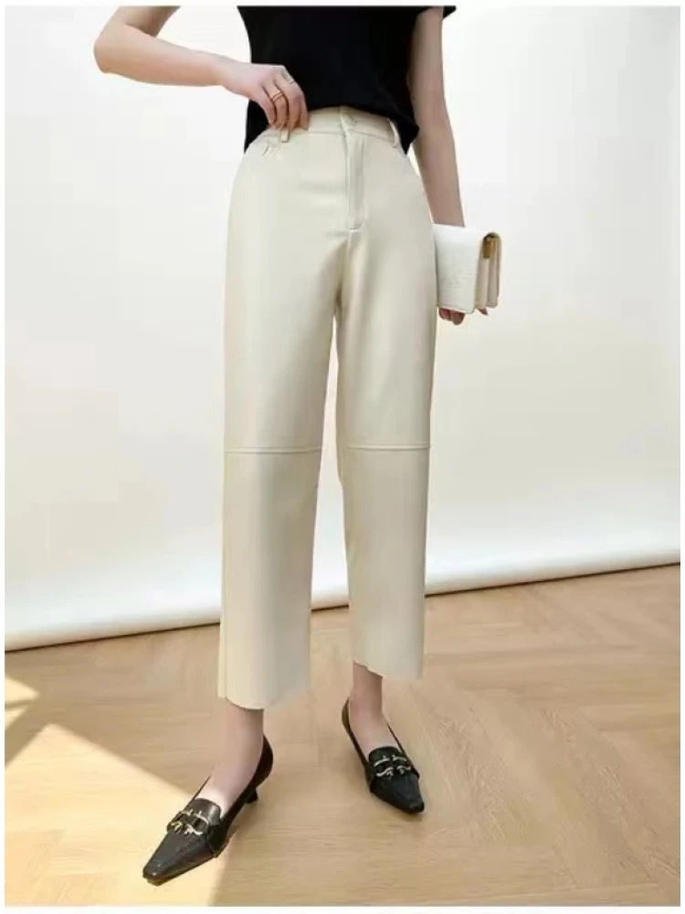 

Genuine Leather Pants Women's Mid-Waist Long Trousers Pure Leather Slim Fit Autumn New Sle Nine Points eep Loose Splicing...