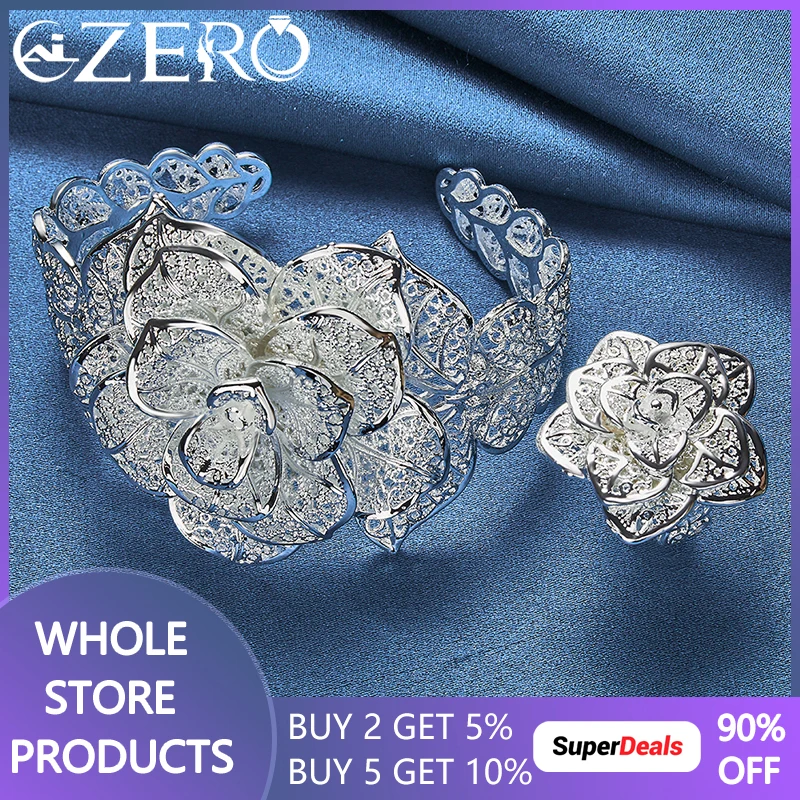 

925 Sterling Silver Charms Jewelry Set For Women Camellia Big Flower Bracelets Bangles Rings Fashion Elegant Wedding Party