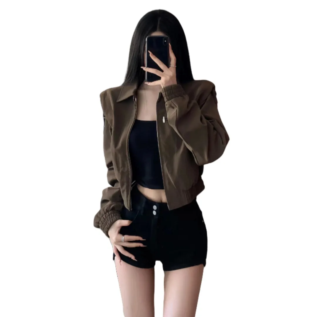 Autumn New Arrival! Women's Brown American Retro Short Coat 2025 Style Perfect for Maillard Look Casual Jacket for Spring & Fall