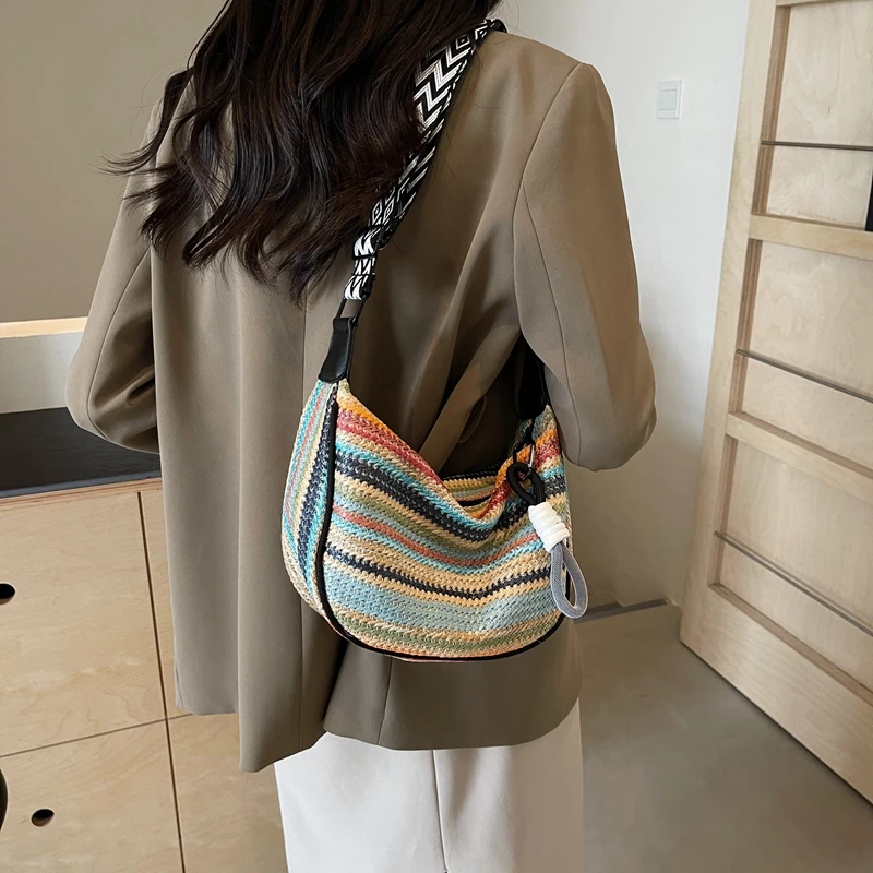 Rainbow Weaving Wide Shoulder Strap Inclined Shoulder Bag 2024 New Fashion Sewing Thread Hand Woven The Single Shoulder Bag