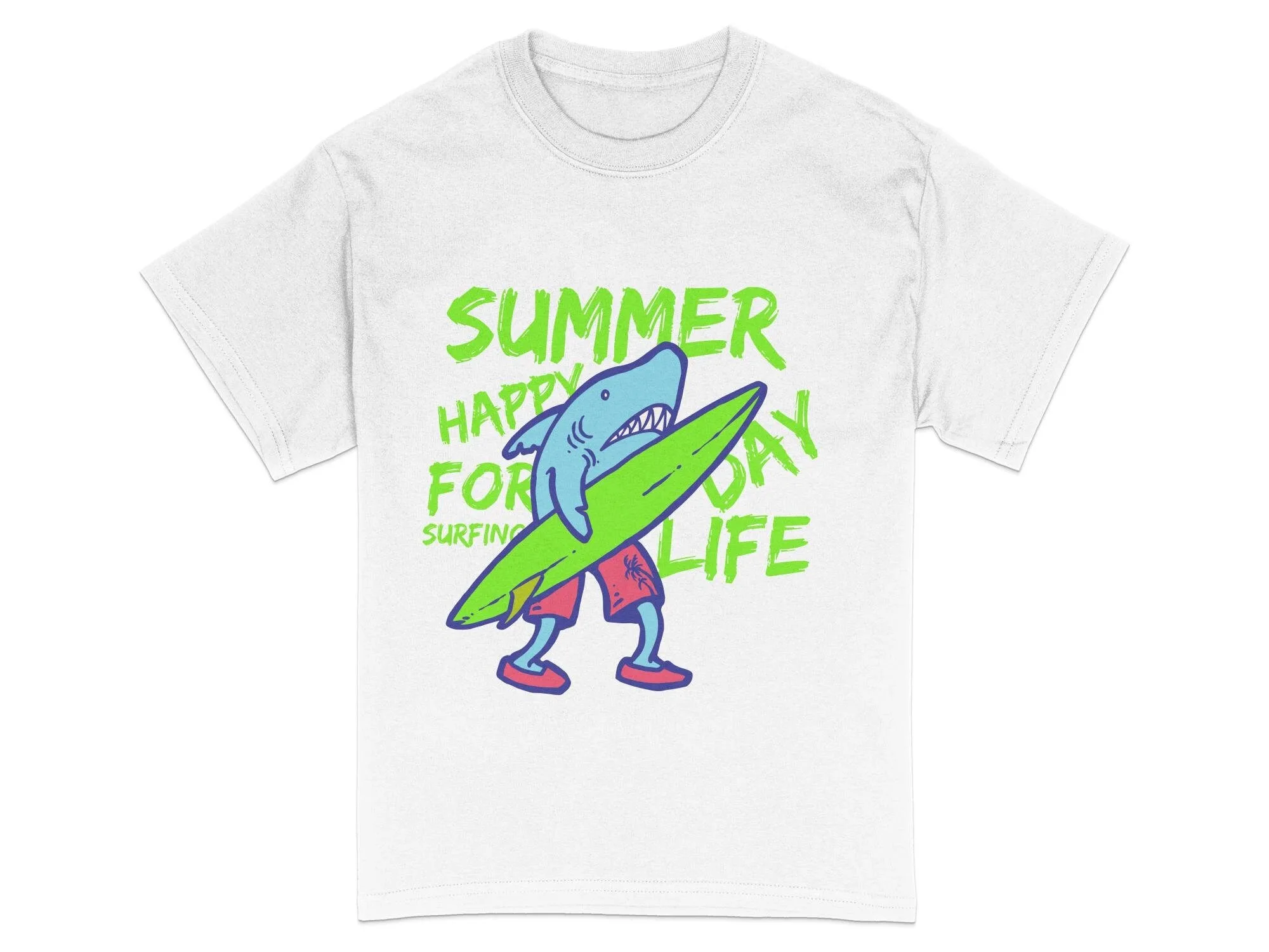 

Fun Shark Surfing T-shir Clothing Pattern Printing Summer Luxury Brand Cotton Men's and Women's T-Shirts Short Sleeves