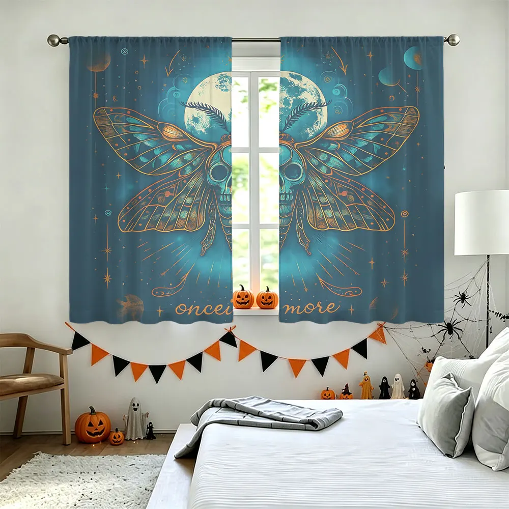 2Pcs Skeleton Moth Once More Print Rod Pocket Curtains, Blackout Privacy Window Curtains for Living Room Bedroom, Door Curtai