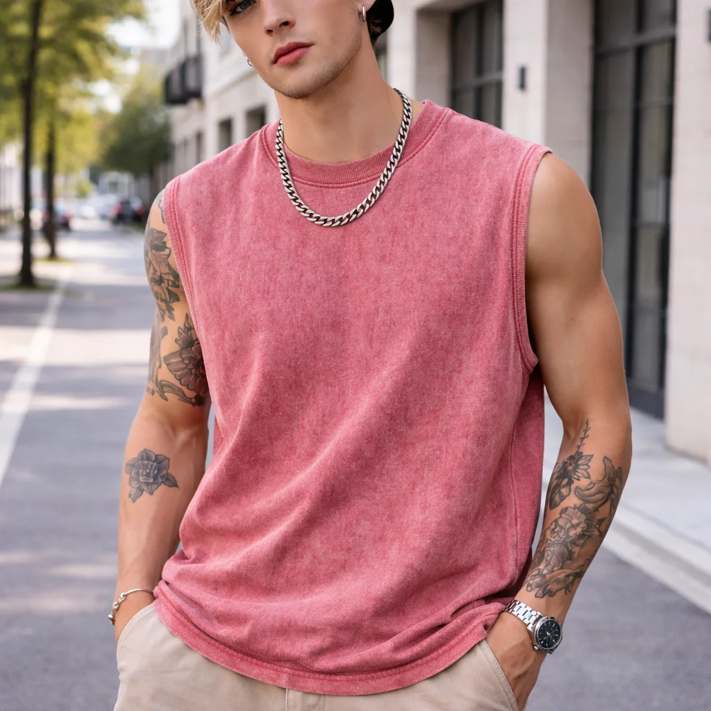 240G Cotton Men Vintage Washed Tank Top Retro Distressed Sleeveless Vest Loose High Street Casual Streetwear Beach Muscle Tees